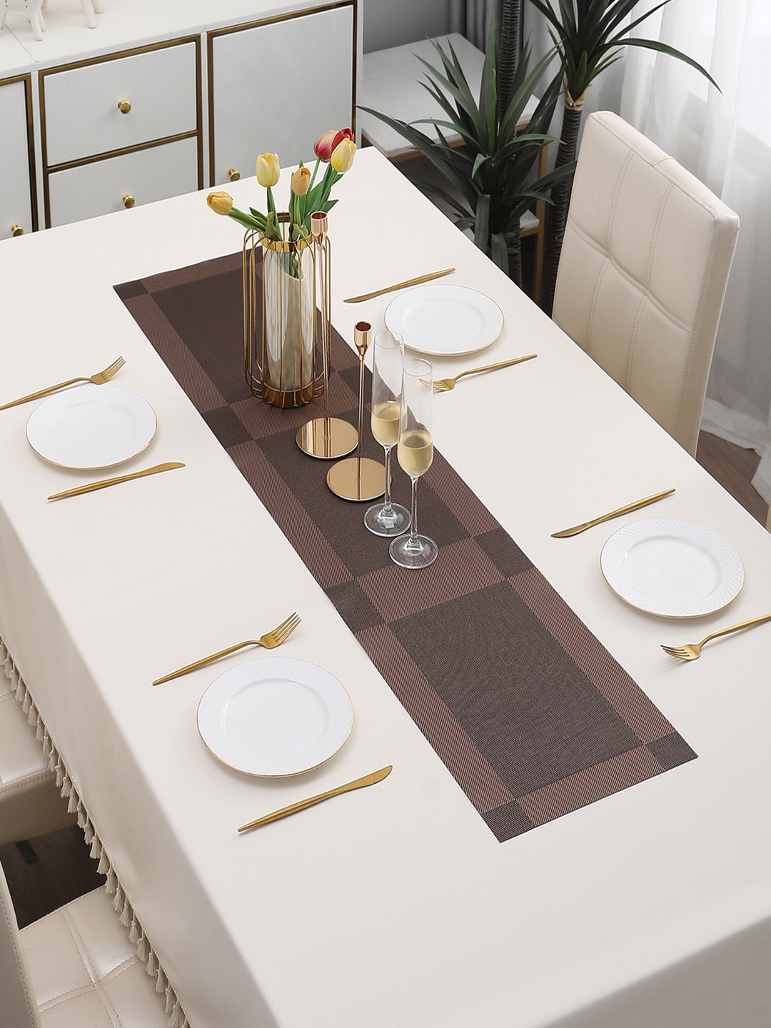 

HOKIPO Brown Geometric Rectangular Table Runner