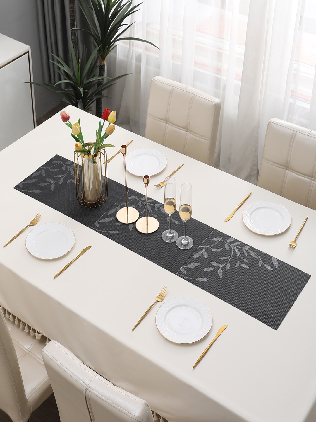 

HOKIPO Black Floral Printed Table Runner