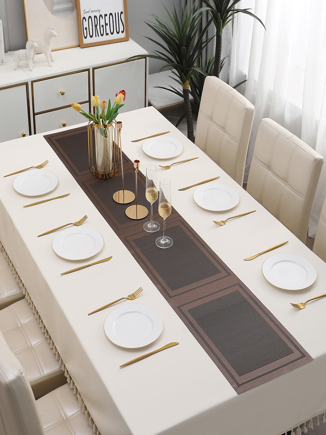 

HOKIPO Brown Geometric Rectangular Table Runner