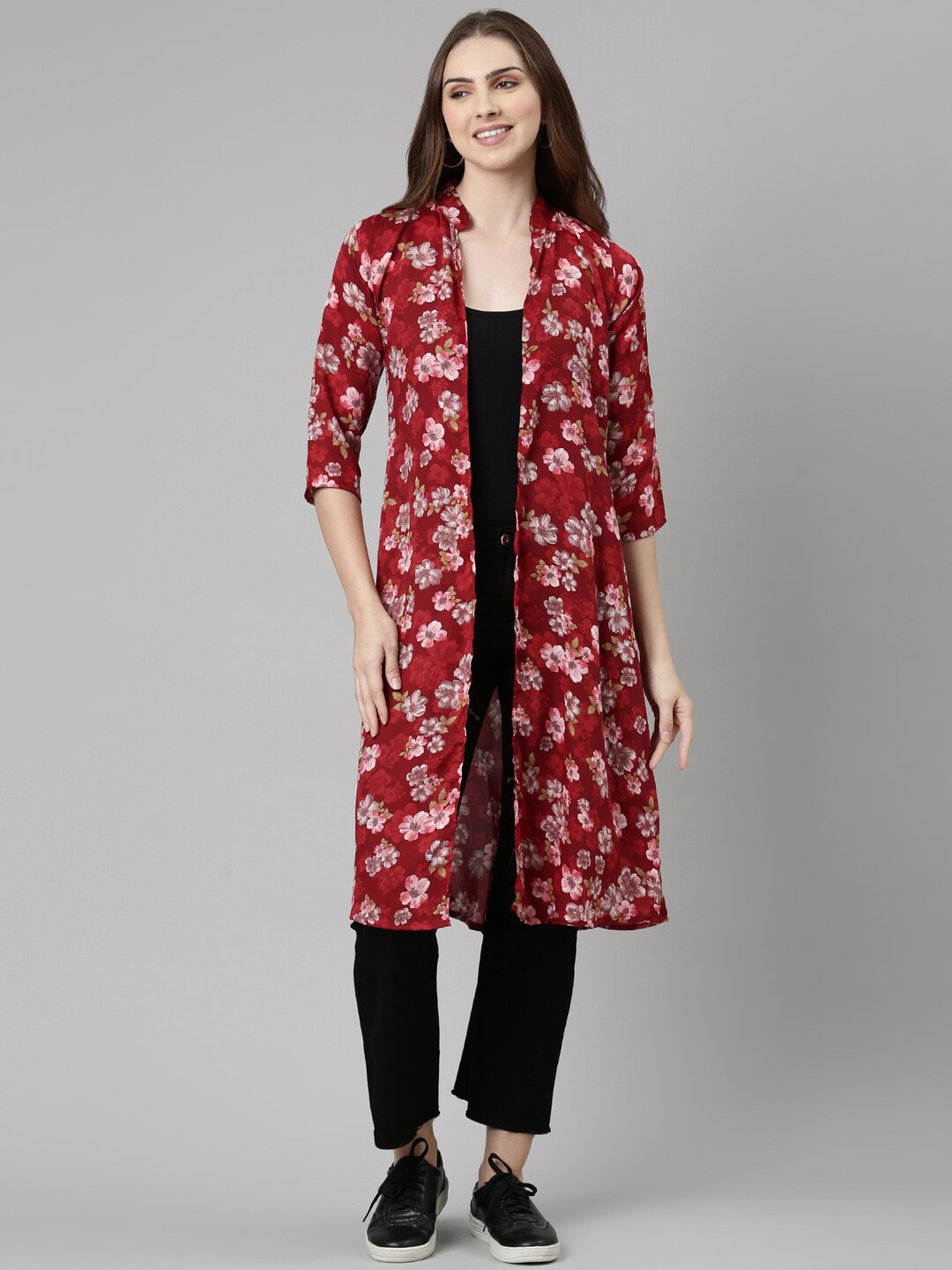 

SHOWOFF Floral Printed Longline Open Front Shrug, Maroon