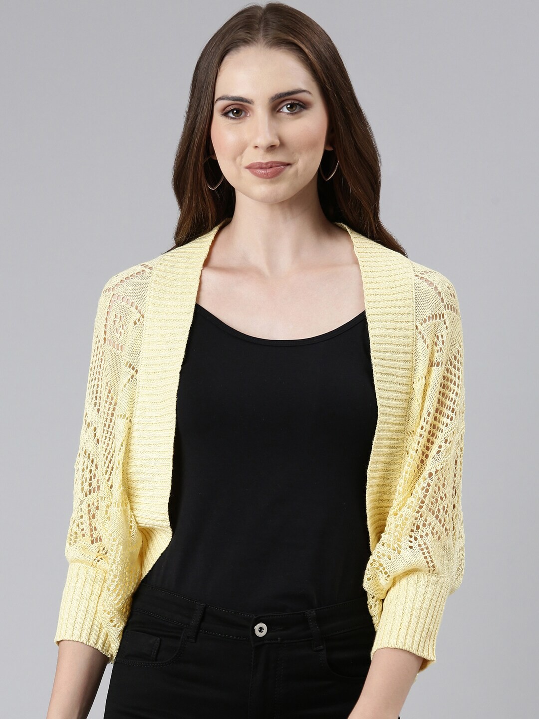 

SHOWOFF Self Design Three-Quarter Wool Open Front Shrug, Yellow