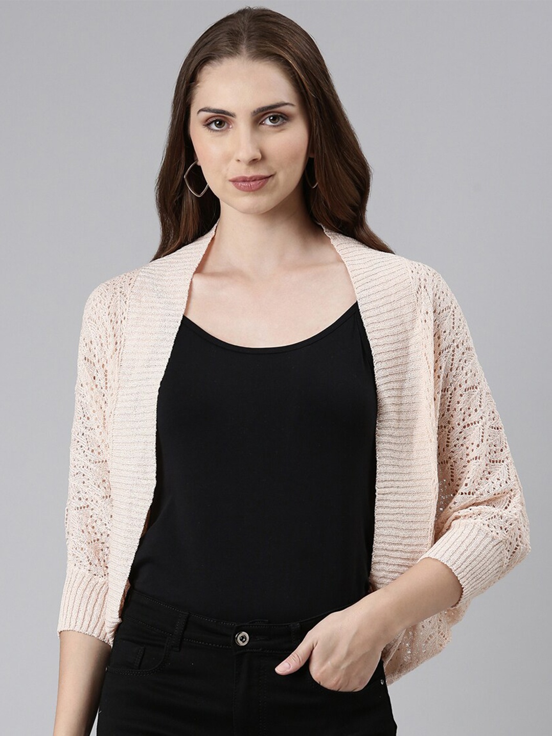 

SHOWOFF Self Design Three-Quarter Wool Open Front Shrug, Peach