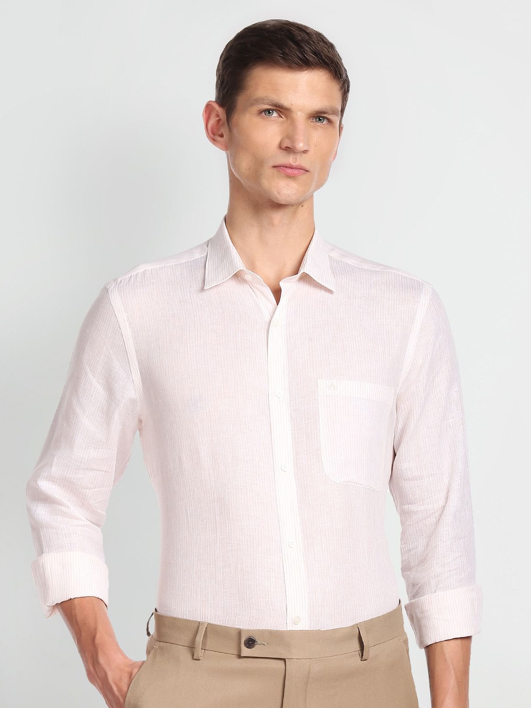 

Arrow Vertical Striped Pure Linen Formal Shirt, Beige