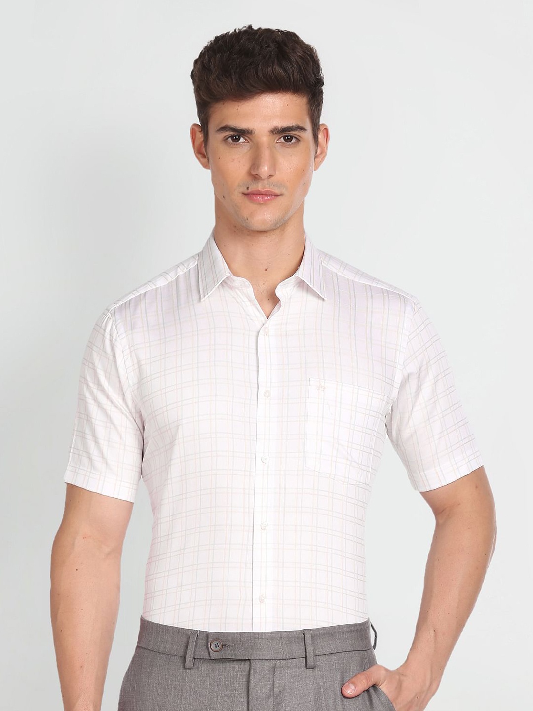 

Arrow Grid Tattersall Checks Twill Pure Cotton Formal Shirt, White