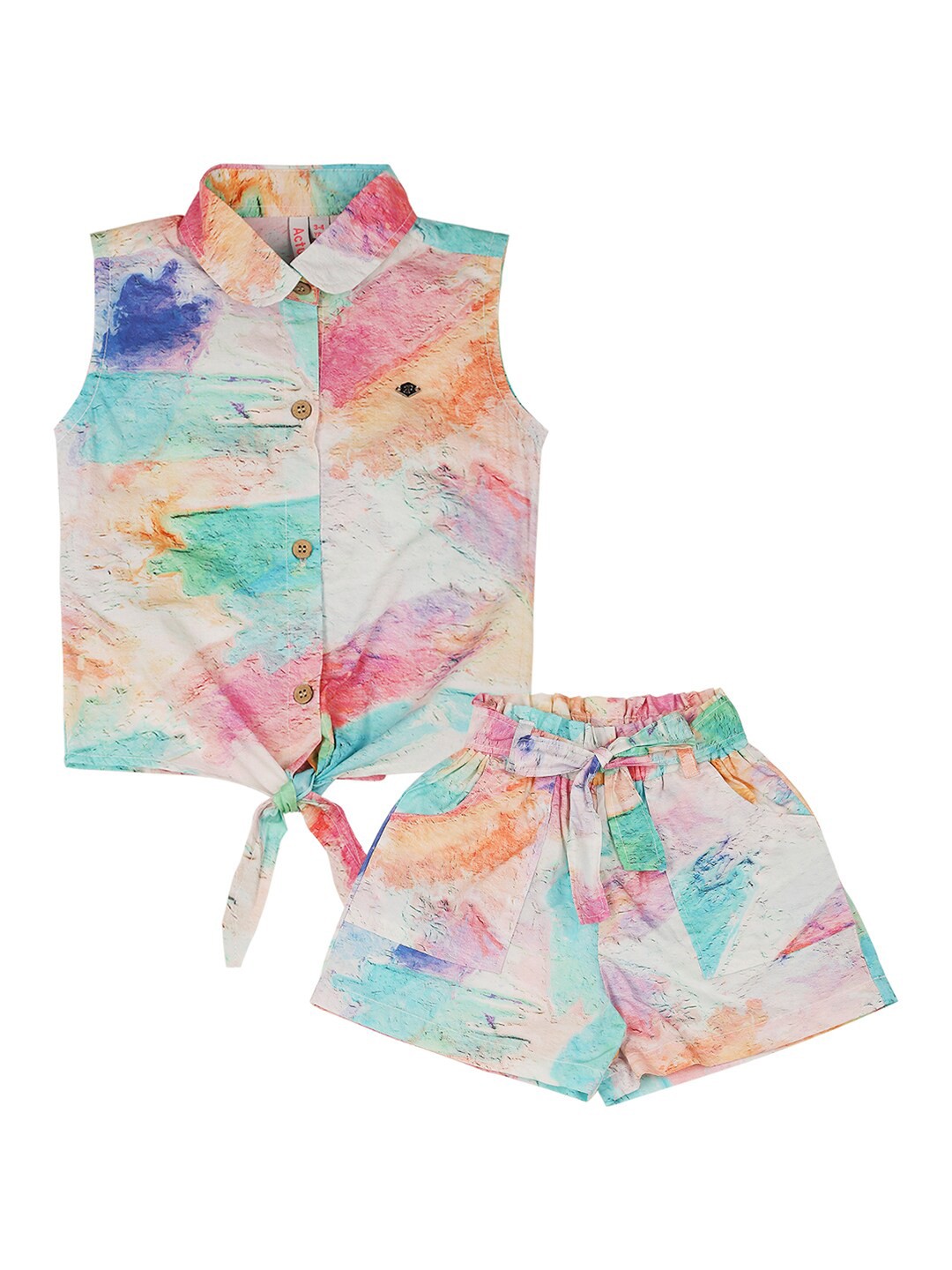 

Actuel Girls Abstract Printed Pure Cotton Top With Shorts, Cream