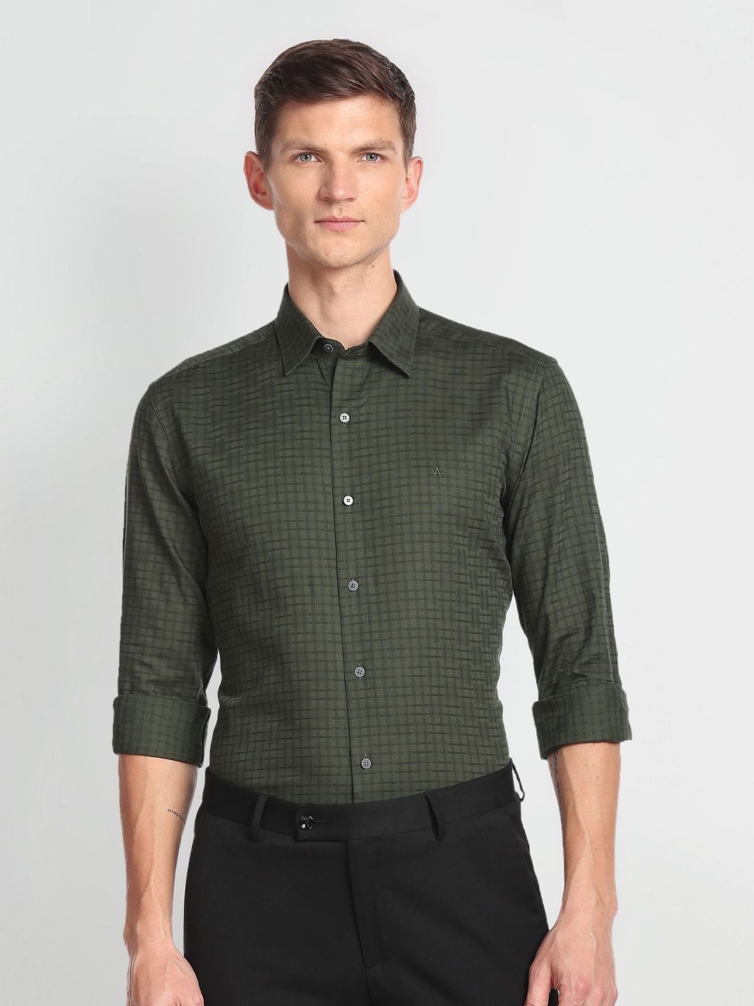 

Arrow New York Slim Fit Opaque Checked Pure Cotton Formal Shirt, Green