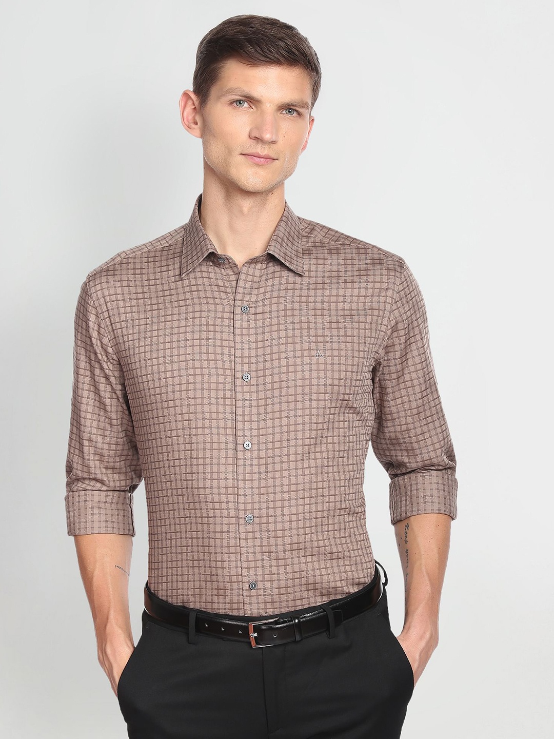 

Arrow New York Slim Fit Opaque Checked Pure Cotton Formal Shirt, Brown