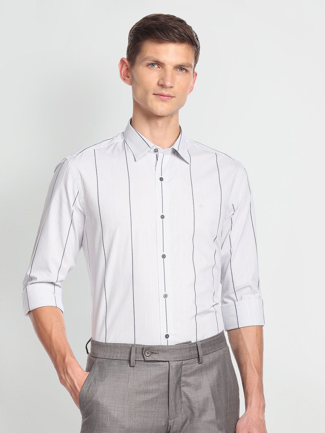 

Arrow New York Slim Fit Opaque Striped Pure Cotton Formal Shirt, Grey