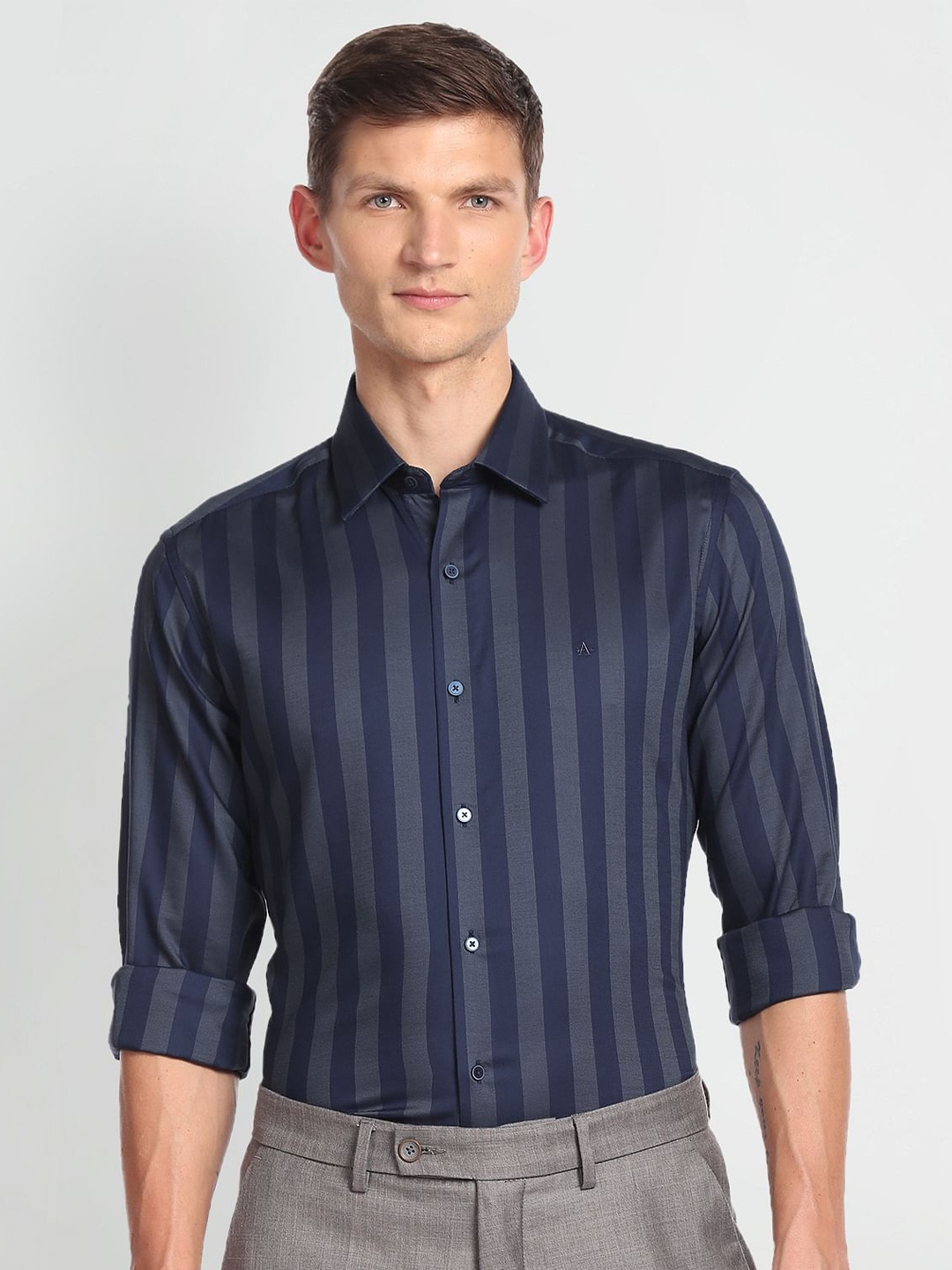 

Arrow New York Slim Fit Opaque Striped Pure Cotton Formal Shirt, Blue