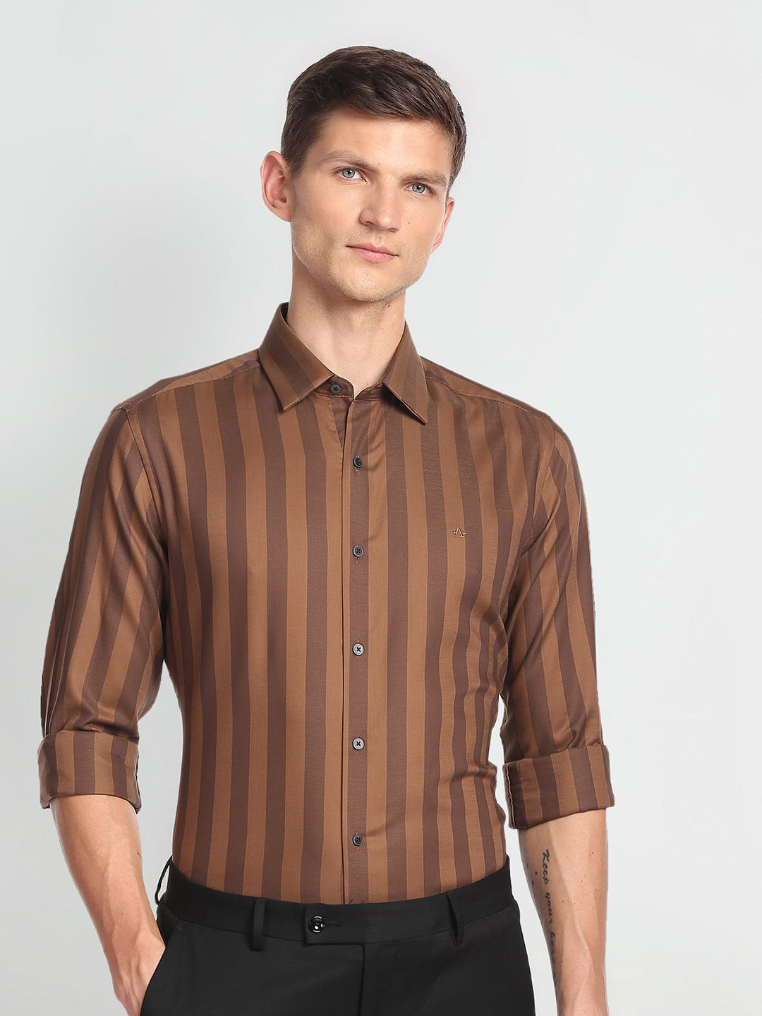 

Arrow New York Slim Fit Opaque Striped Pure Cotton Formal Shirt, Brown