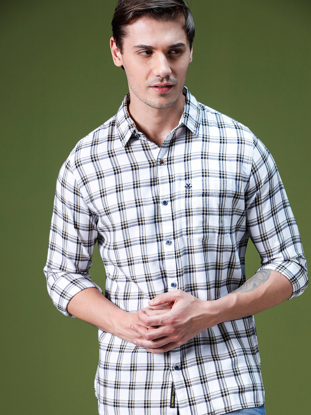 

WROGN Standard Slim Fit Checked Cotton Casual Shirt, White