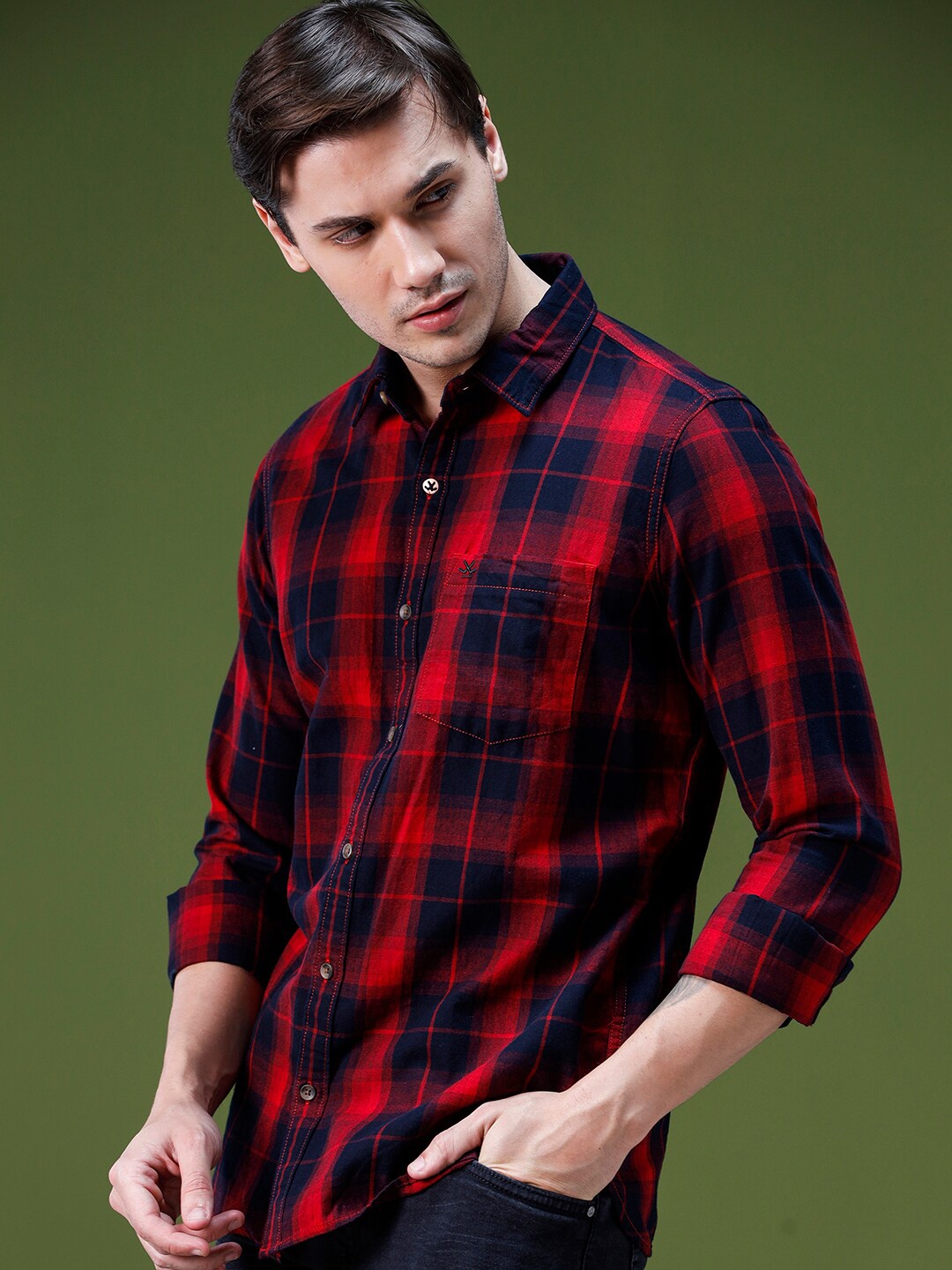 

WROGN Standard Slim Fit Checked Cotton Casual Shirt, Red