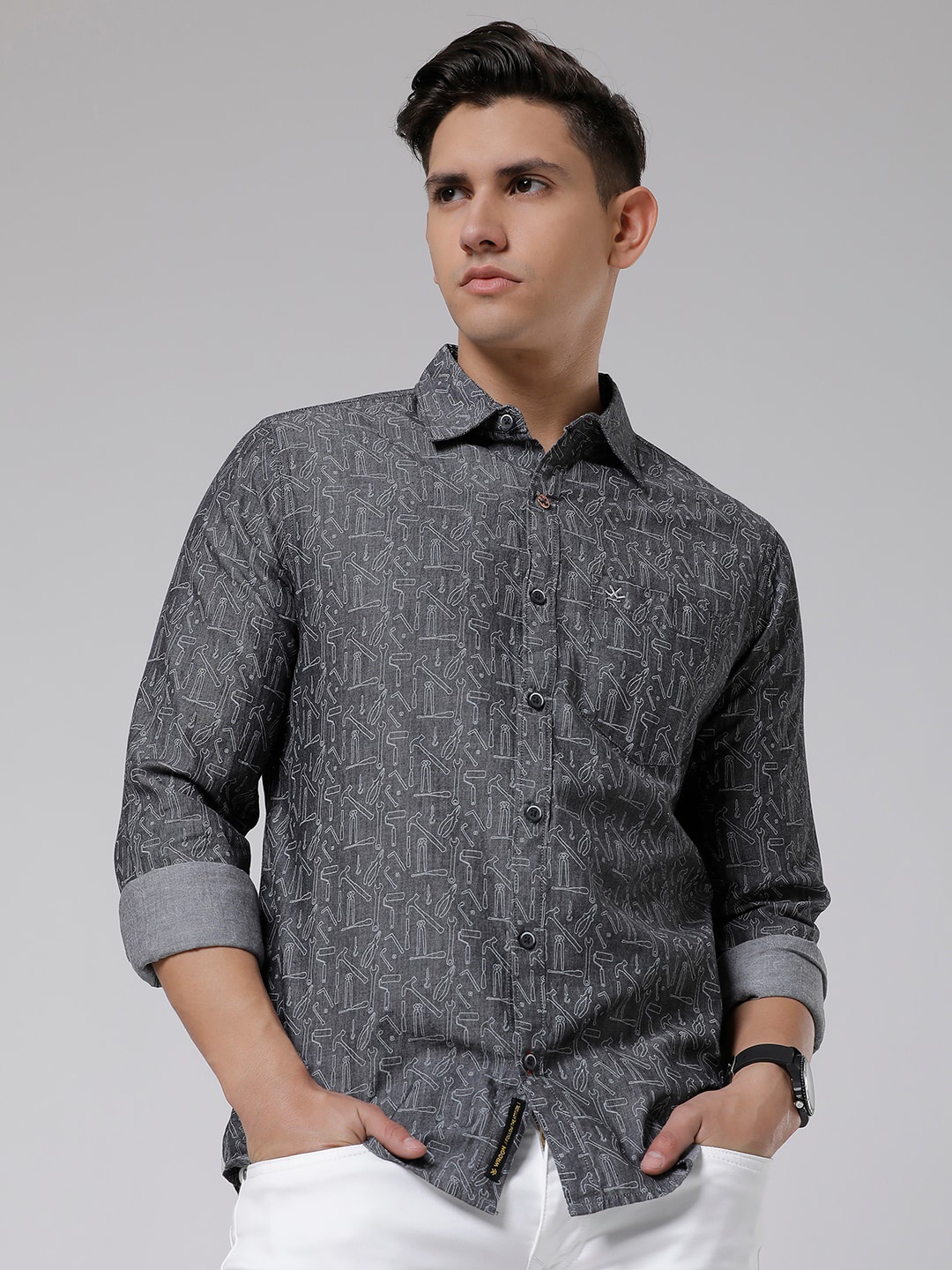 

WROGN Standard Slim Fit Conversational Printed Cotton Casual Shirt, Black
