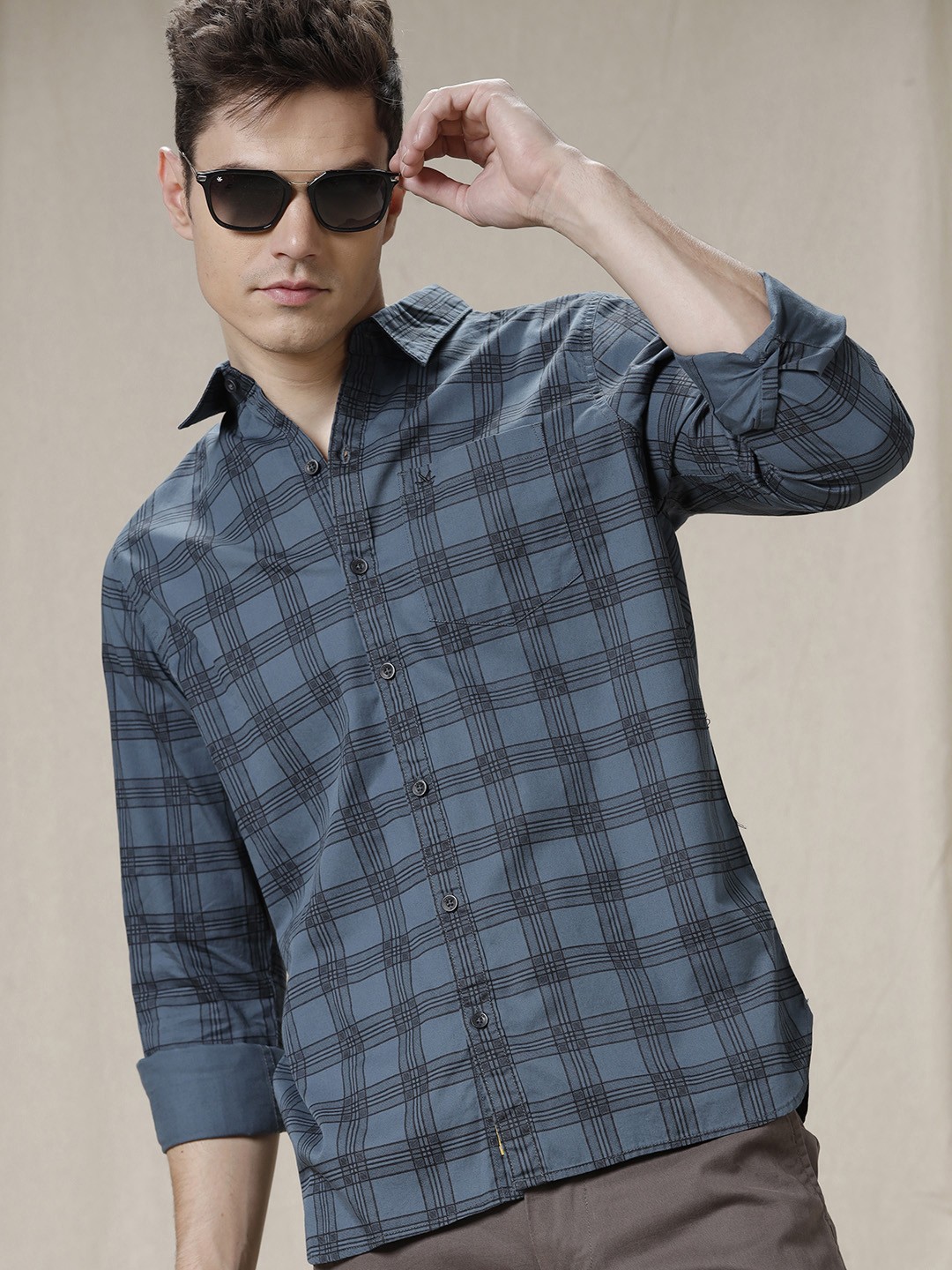

WROGN Standard Slim Fit Checked Cotton Casual Shirt, Blue