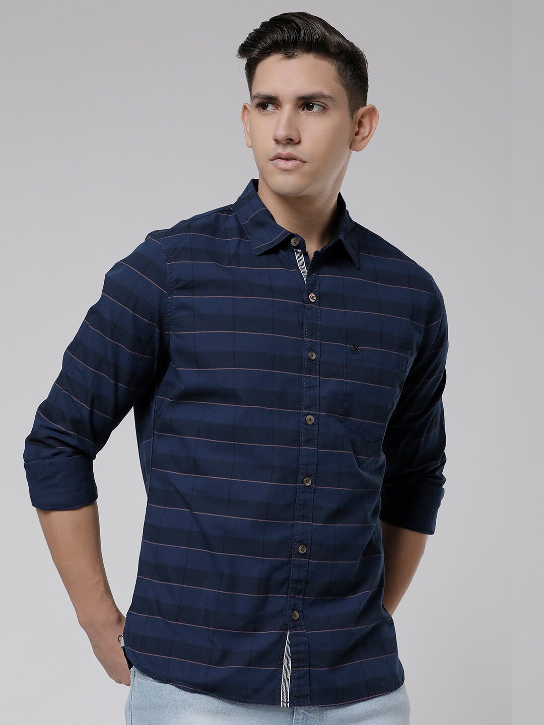 

WROGN Standard Slim Fit Horizontal Striped Twill Cotton Casual Shirt, Navy blue