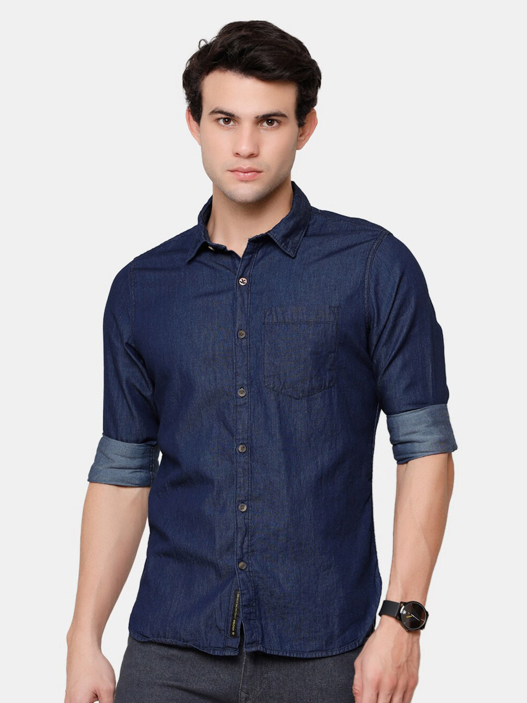 

WROGN Standard Slim Fit Denim Weave Cotton Casual Shirt, Navy blue