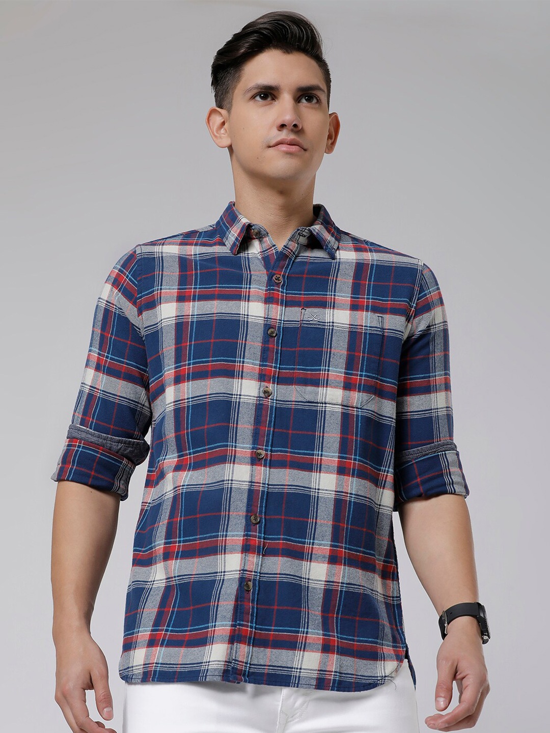 

WROGN Standard Slim Fit Checked Twill Cotton Casual Shirt, Navy blue