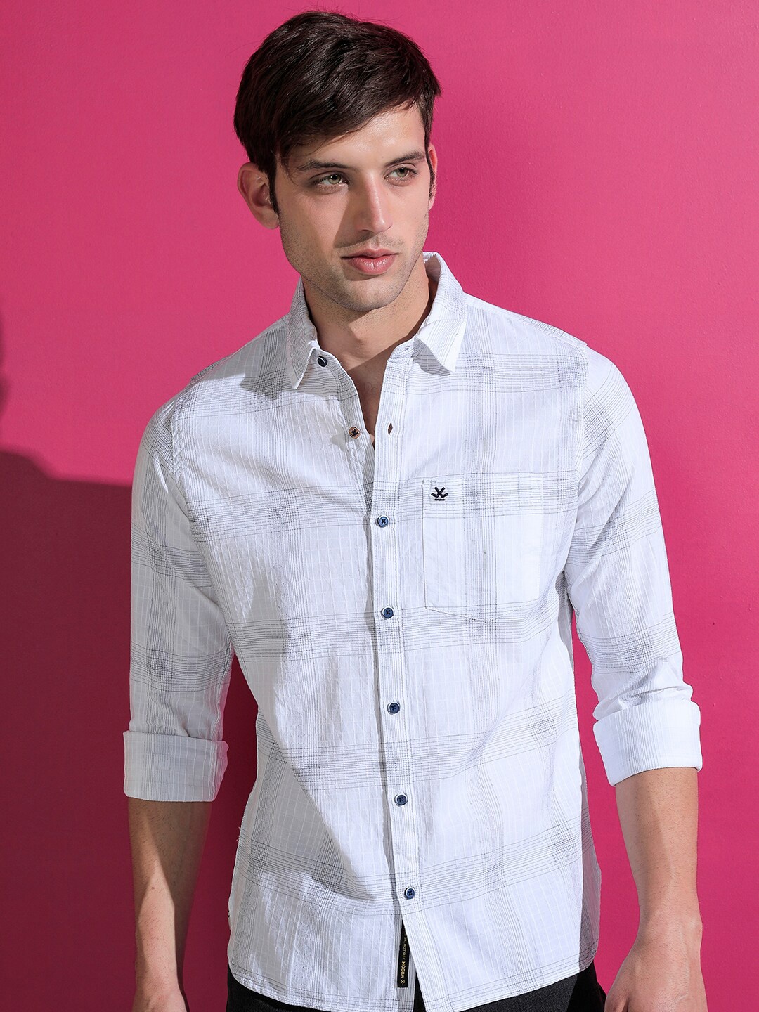 

WROGN Standard Slim Fit Checked Cotton Casual Shirt, White