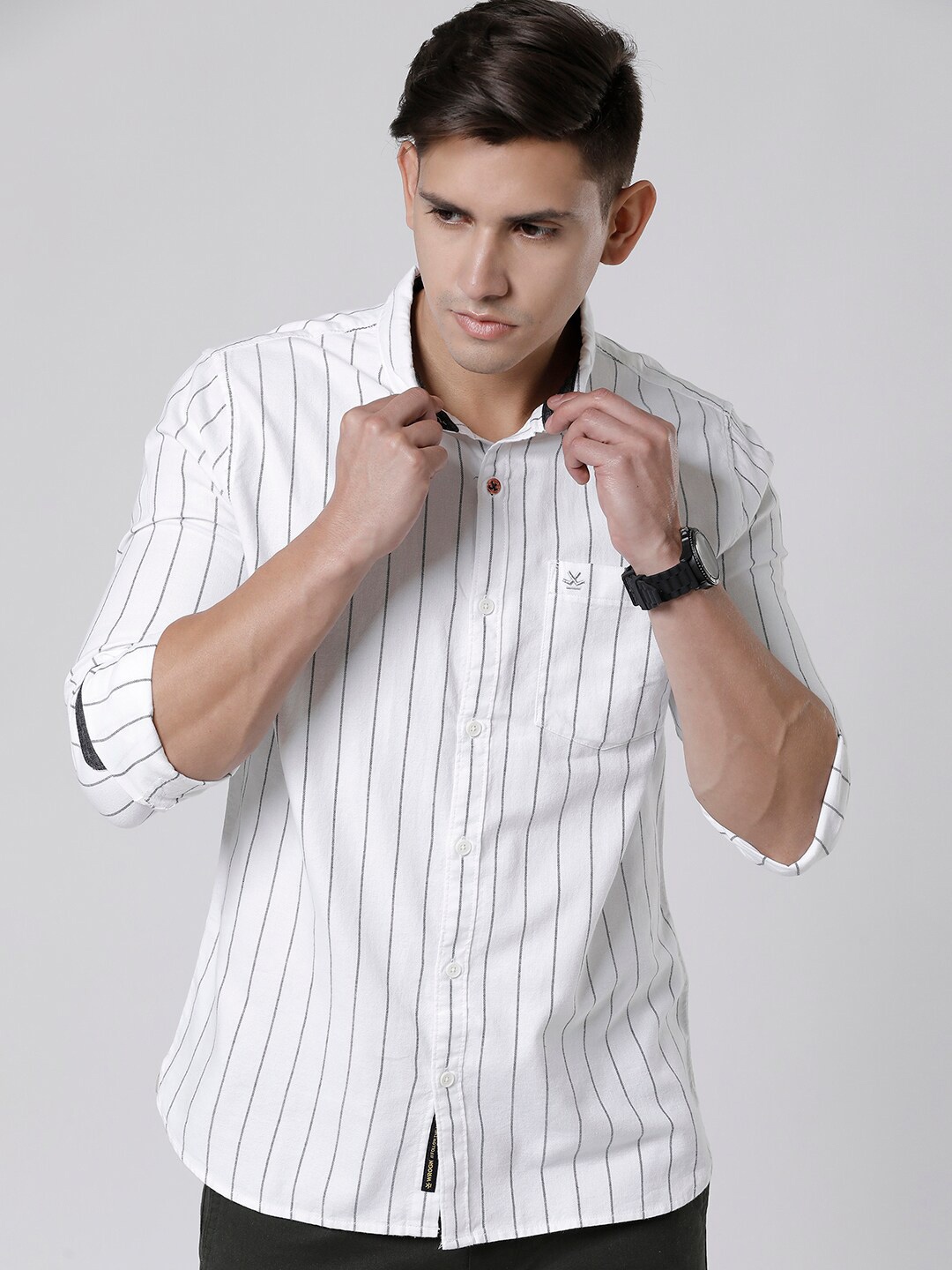

WROGN Standard Slim Fit Vertical Striped Oxford Cotton Casual Shirt, White