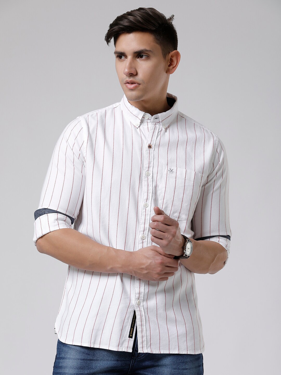 

WROGN Standard Slim Fit Vertical Striped Button-Down Collar Cotton Casual Shirt, White