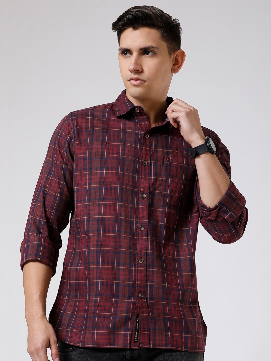 

WROGN Standard Slim Fit Checked Twill Cotton Casual Shirt, Maroon