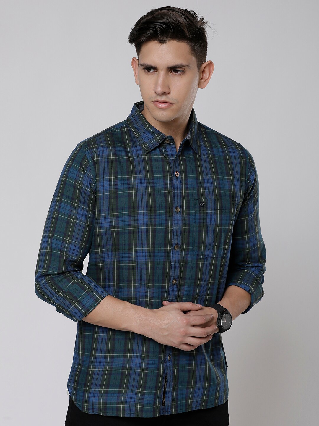 

WROGN Standard Slim Fit Checked Twill Cotton Casual Shirt, Blue