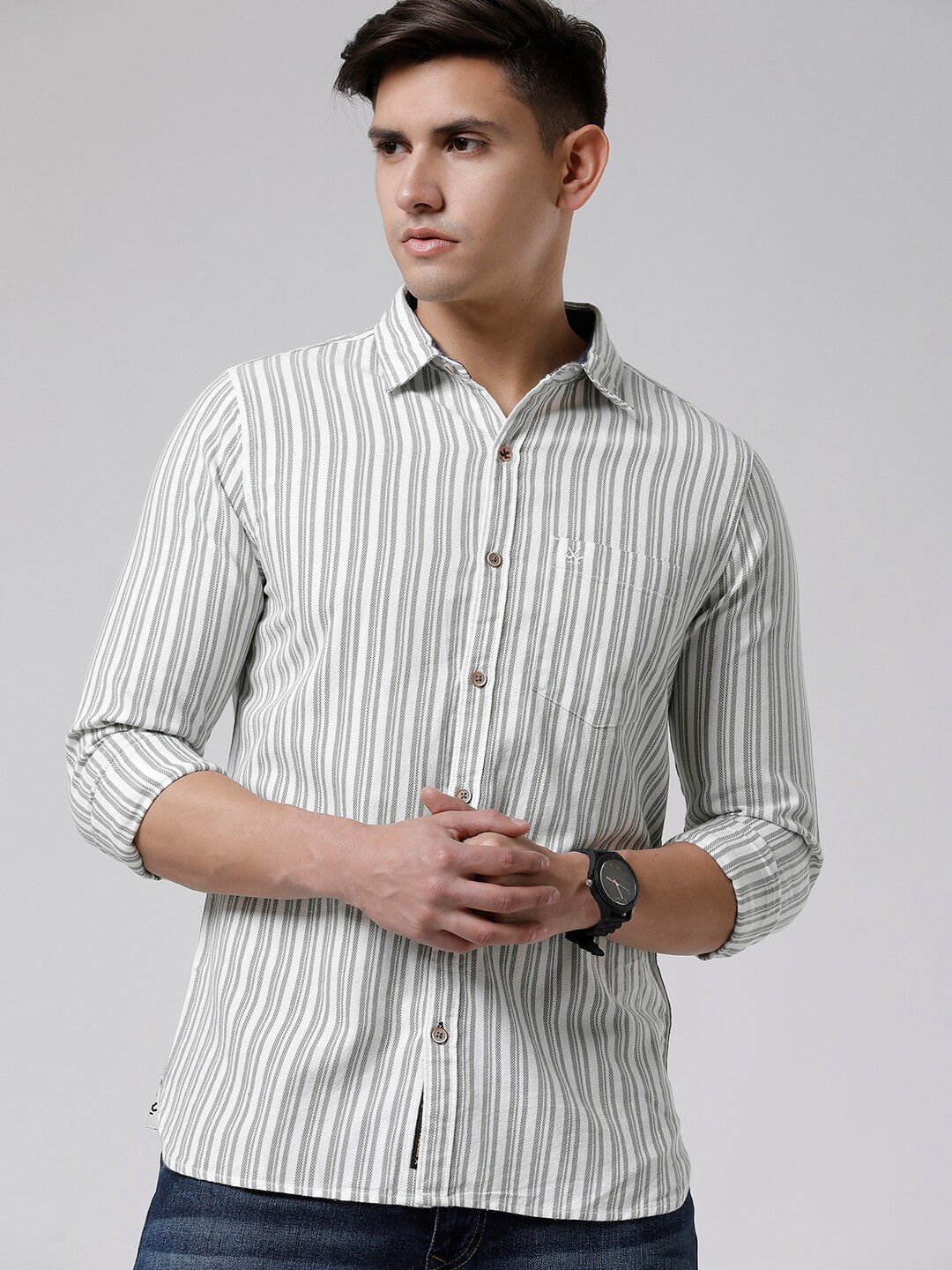 

WROGN Standard Slim Fit Striped Cotton Casual Shirt, Green