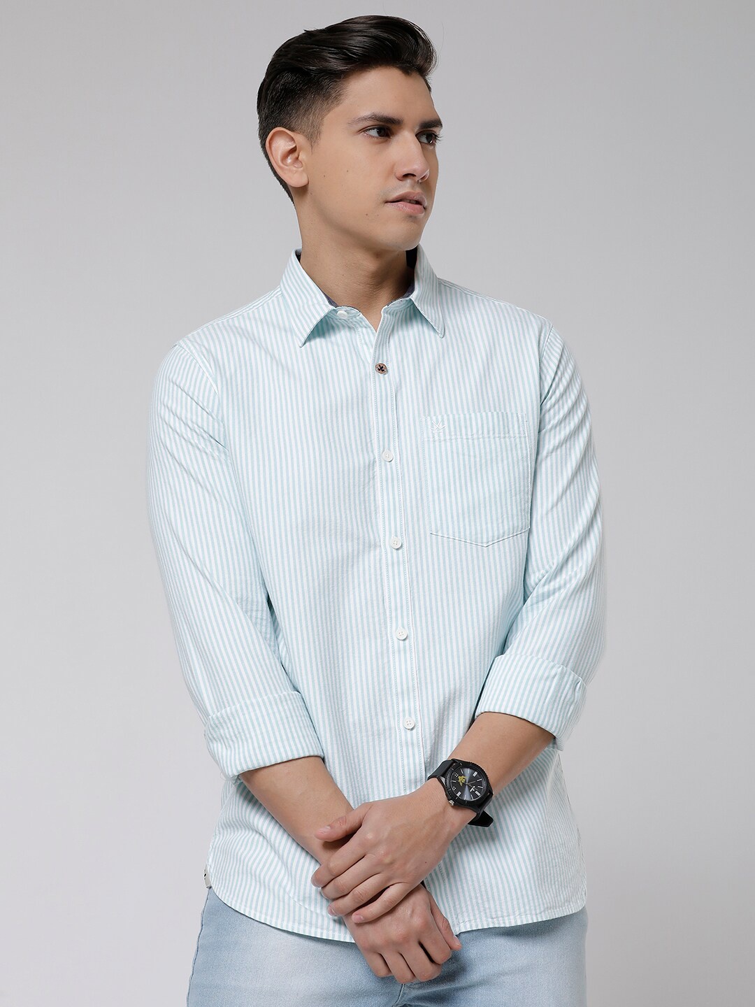 

WROGN Standard Slim Fit Striped Cotton Casual Shirt, Green