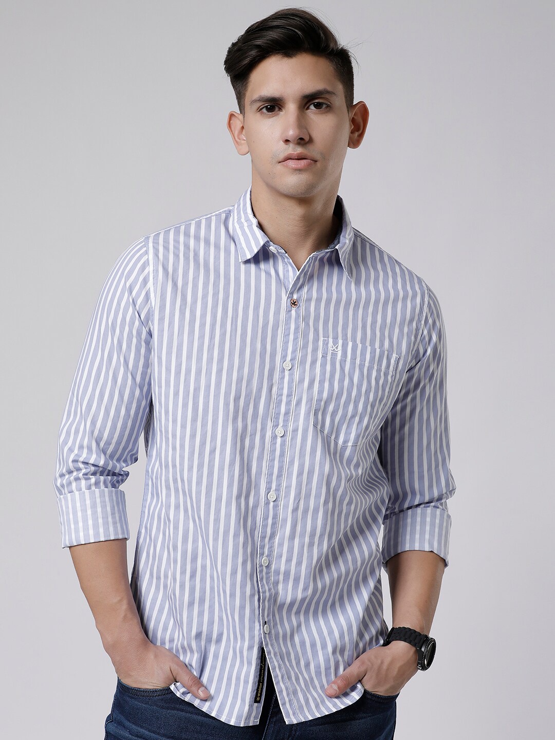 

WROGN Standard Slim Fit Striped Cotton Casual Shirt, Blue