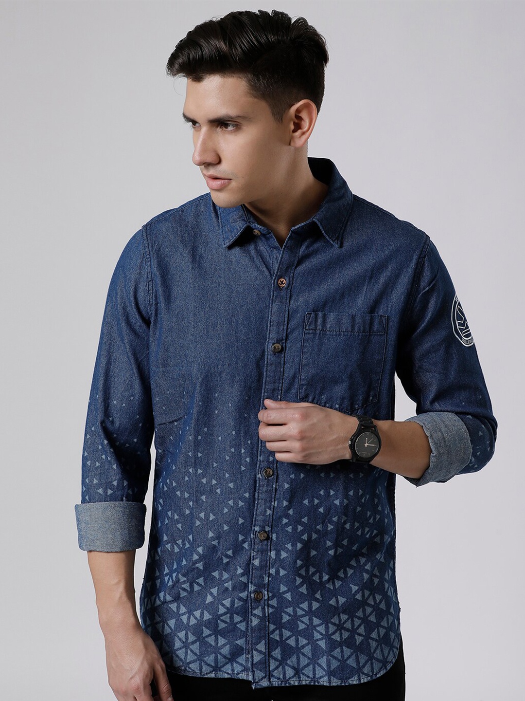 

WROGN Standard Slim Fit Geometric Printed Twill Cotton Casual Shirt, Blue