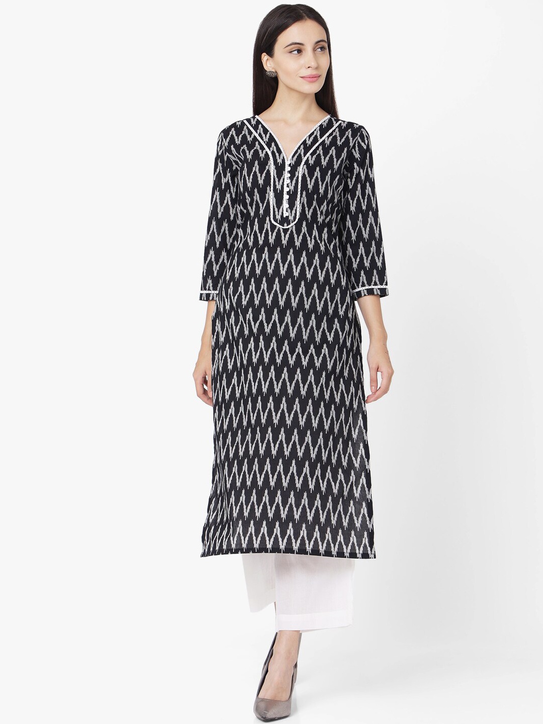 

KALINI Striped Pure Cotton Kurta With Palazzos, Black