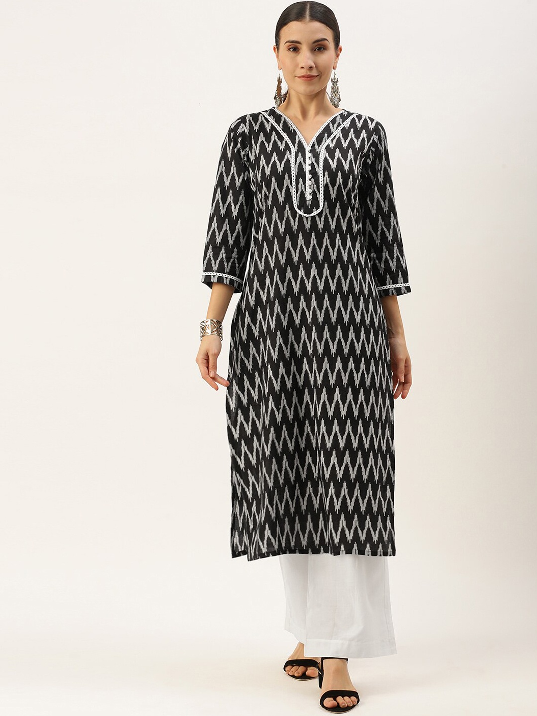

KALINI Chevron Printed Regular Pure Cotton Kurta With Palazzos, Black