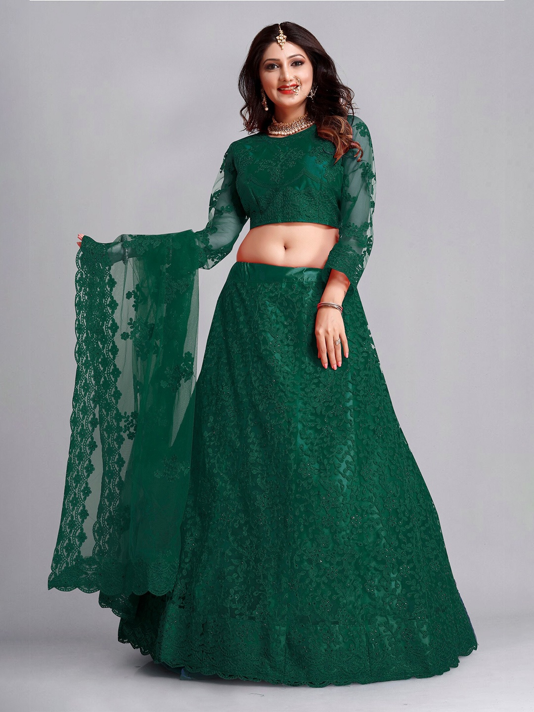 

Atsevam Embellished Thread Work Semi-Stitched Lehenga & Unstitched Blouse With Dupatta, Green