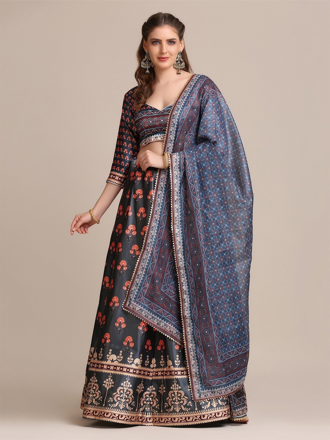 

Atsevam Printed Semi-Stitched Lehenga & Unstitched Blouse With Dupatta, Grey