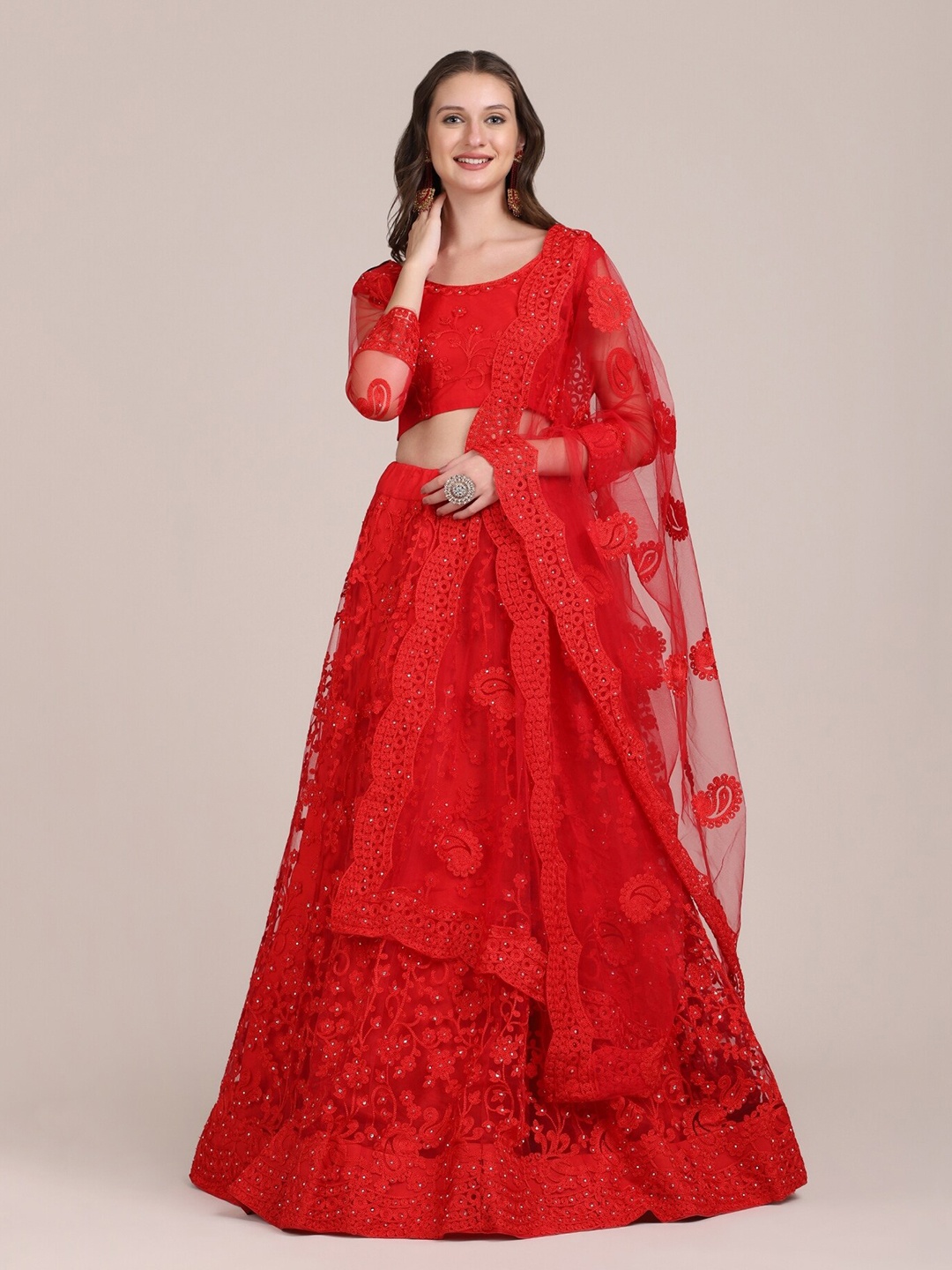 

Atsevam Embellished Thread Work Semi-Stitched Lehenga & Unstitched Blouse With Dupatta, Red