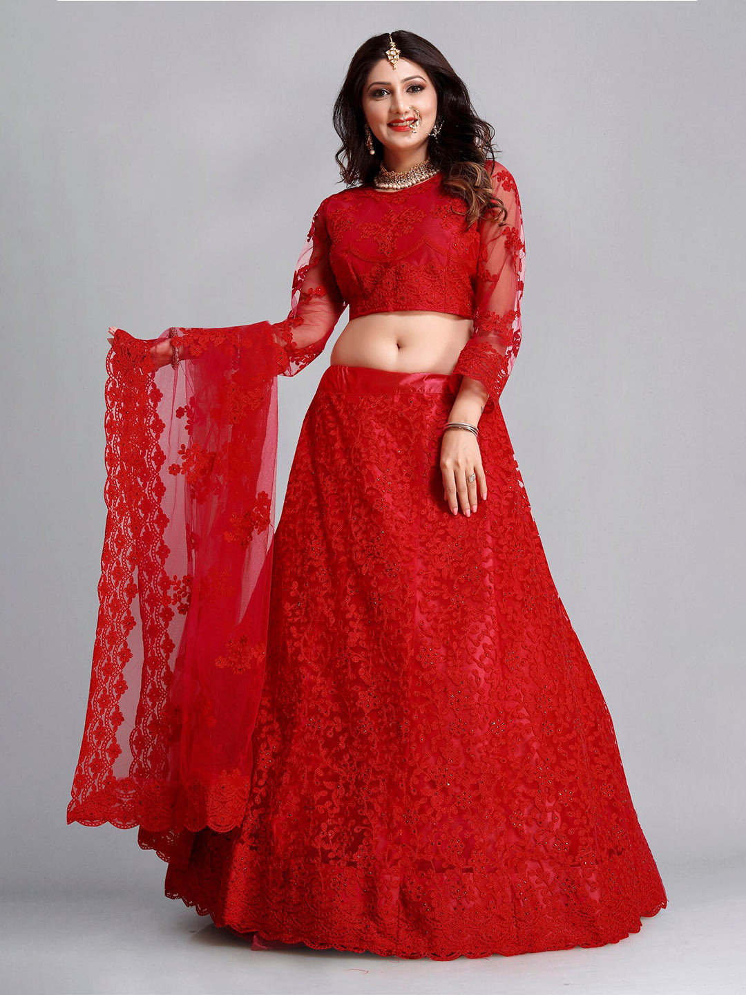 

Atsevam Embroiderd Semi-Stitched Lehenga & Unstitched Blouse With Dupatta, Red