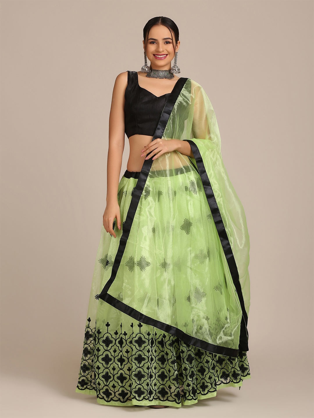 

Atsevam Embellished Thread Work Semi-Stitched Lehenga & Unstitched Blouse With Dupatta, Lime green