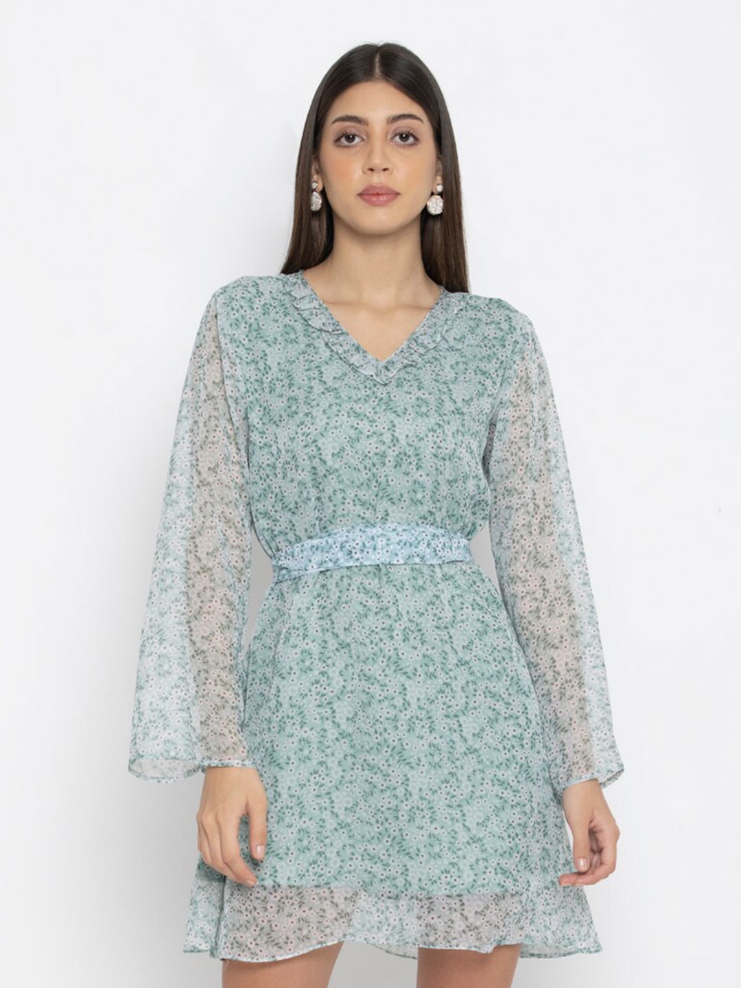 

OCTICS Floral Printed Flare Sleeved V-Neck A-Line Dress, Sea green