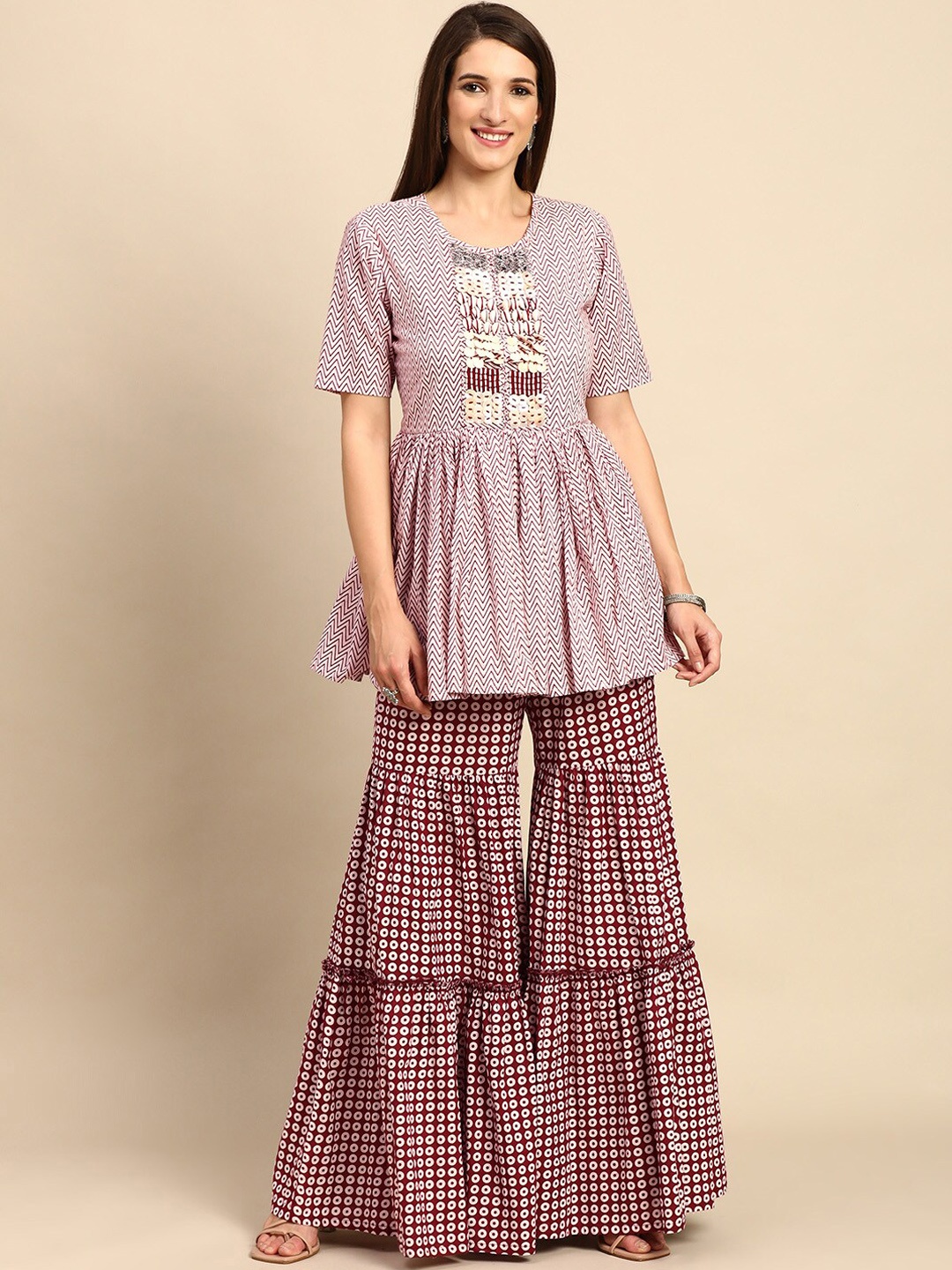 

KALINI Ethnic Motifs Printed Regular Pure Cotton Kurta with Sharara, White