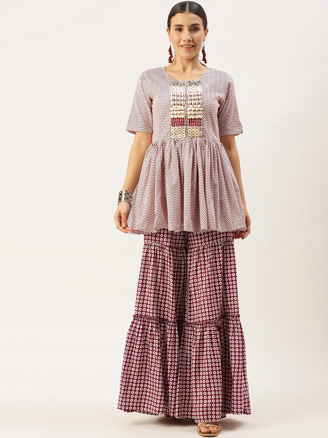 

KALINI Geometric Printed Pure Cotton Kurta With Sharara, White