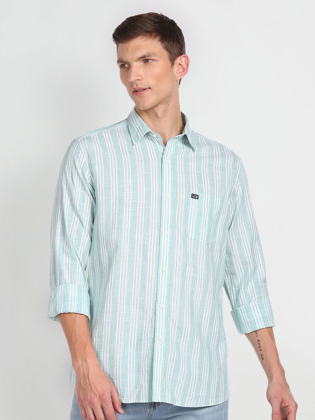 

Arrow Sport Slim Fit Opaque Striped Pure Cotton Casual Shirt, Green