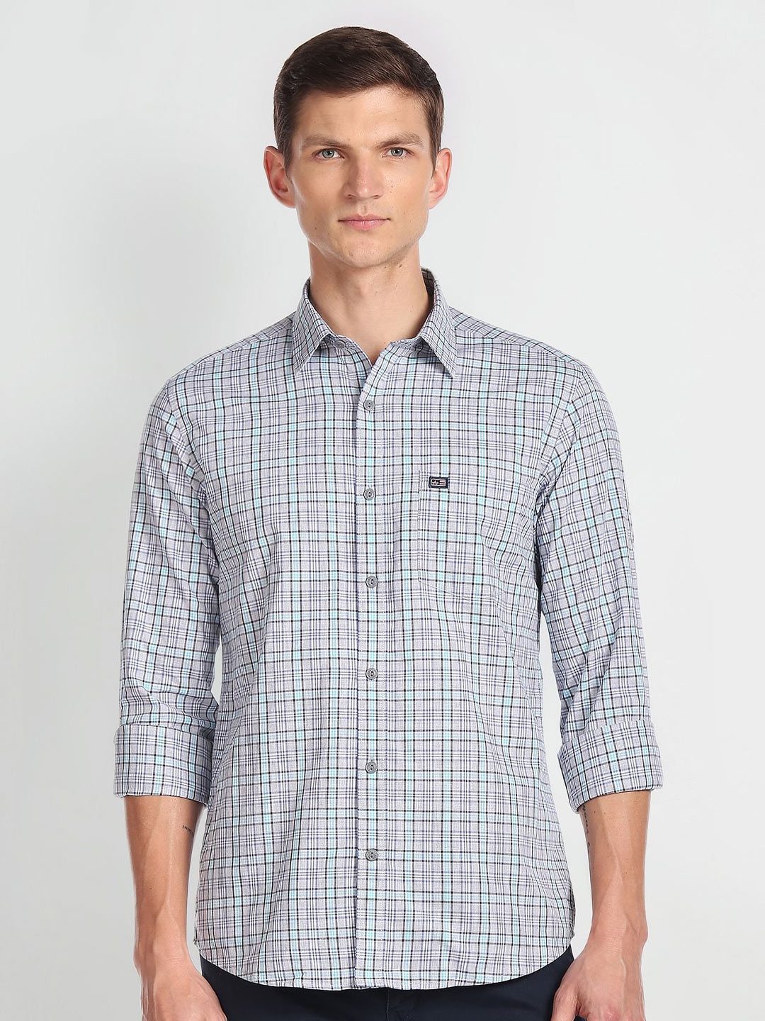 

Arrow Sport Slim Fit Checked Oxford Weave Pure Cotton Shirt, Grey