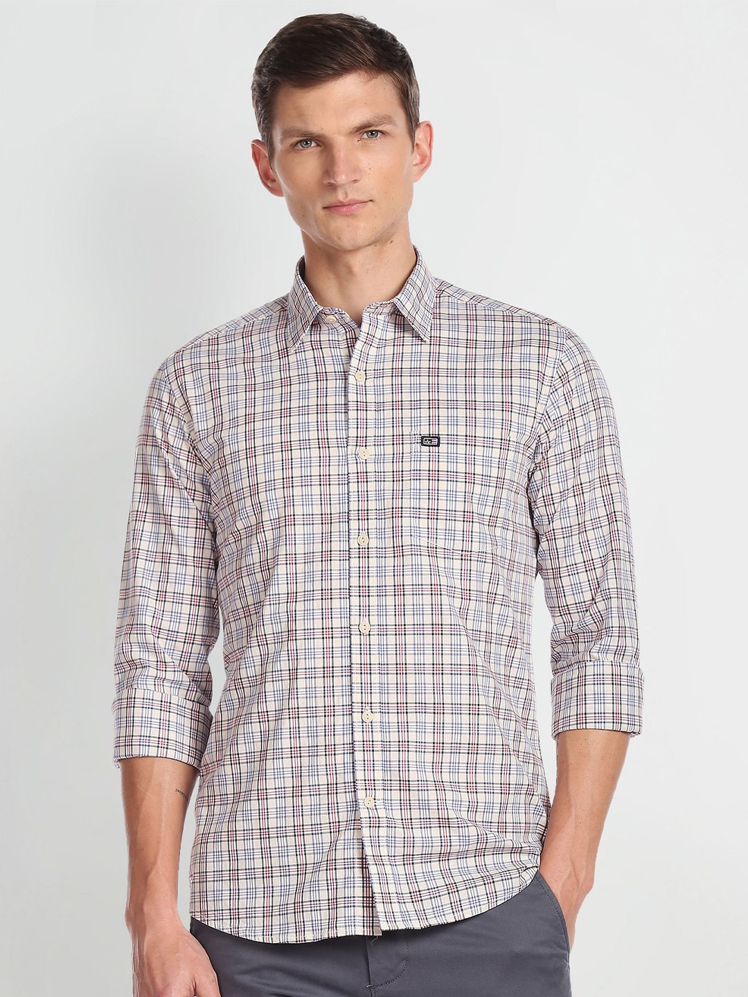 

Arrow Sport Slim Fit Checked Oxford Weave Pure Cotton Shirt, Beige