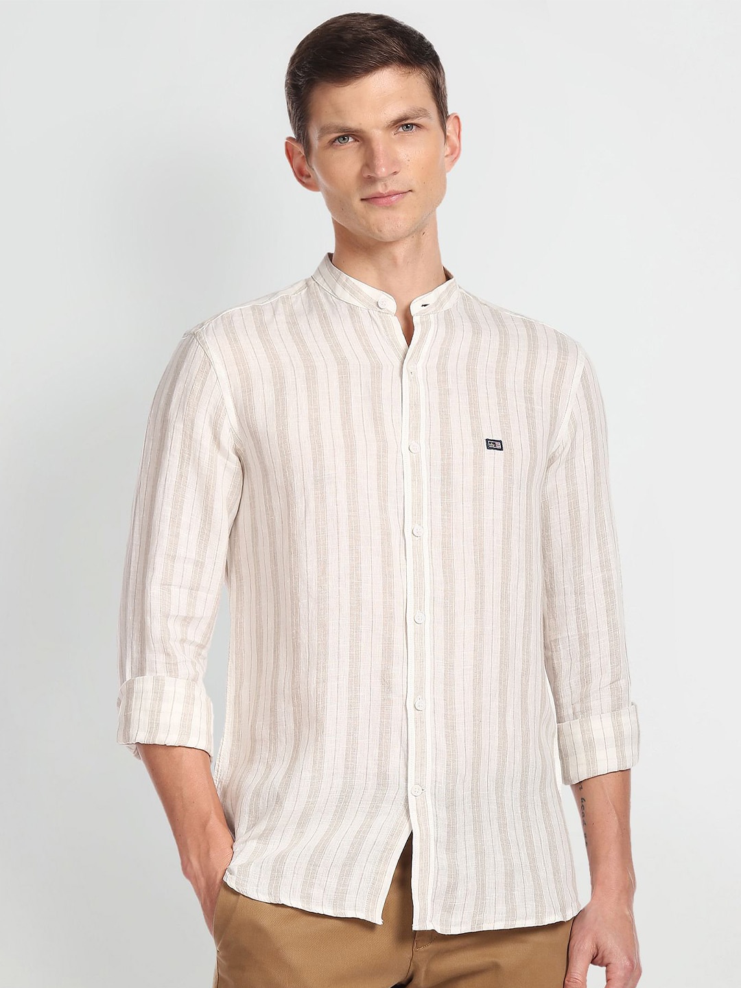 

Arrow Sport Slim Fit Vertical Striped Mandarin Collar Pure Linen Shirt, Beige