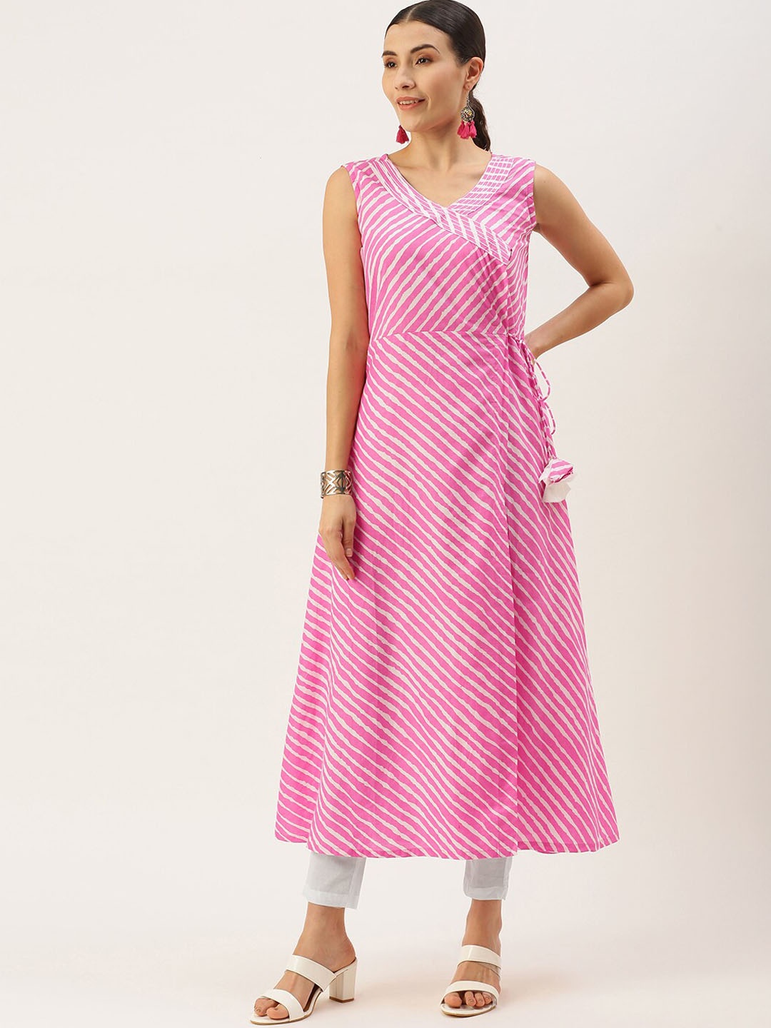 

KALINI Striped V-Neck A-Line Pure Cotton Kurta with Trousers, Pink
