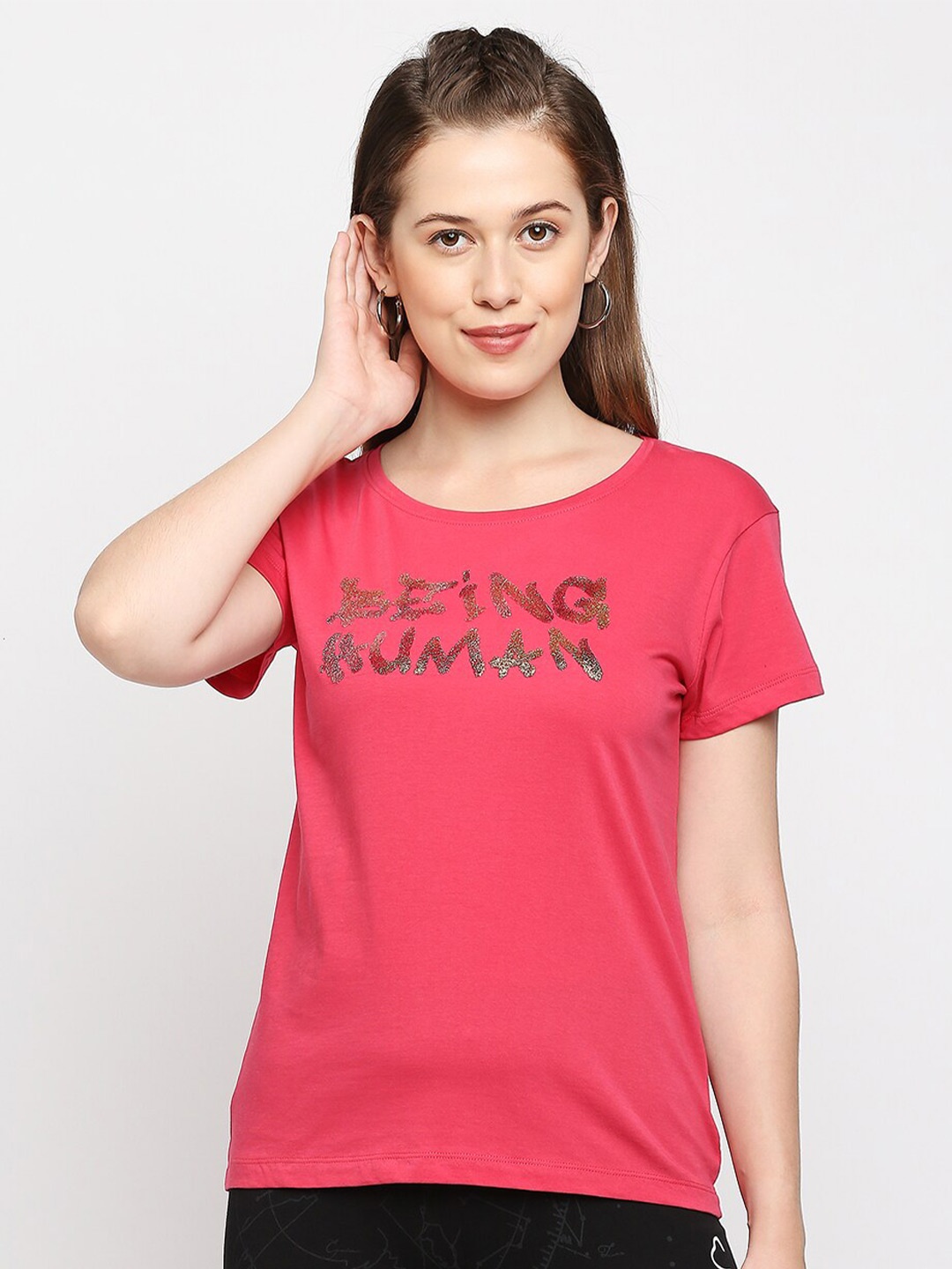 

Being Human Typography Printed Casual Cotton T-shirt, Pink