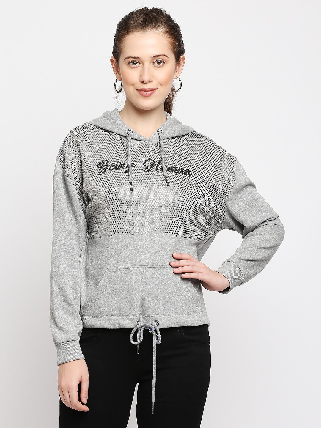 

Being Human Printed Embellished Hooded Neck Sweatshirt, Grey