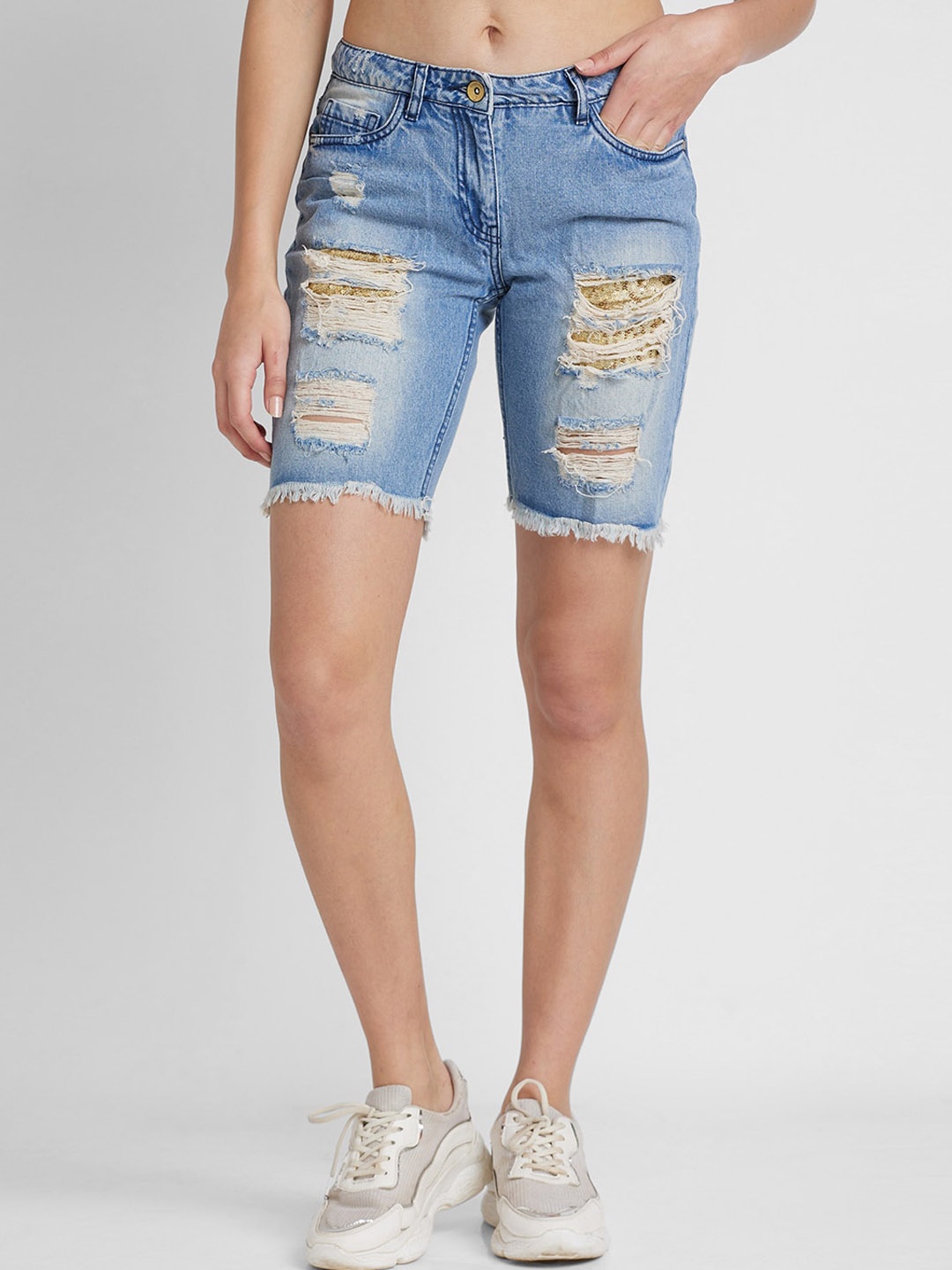 

Being Human Women Washed Distressed Denim Shorts, Blue