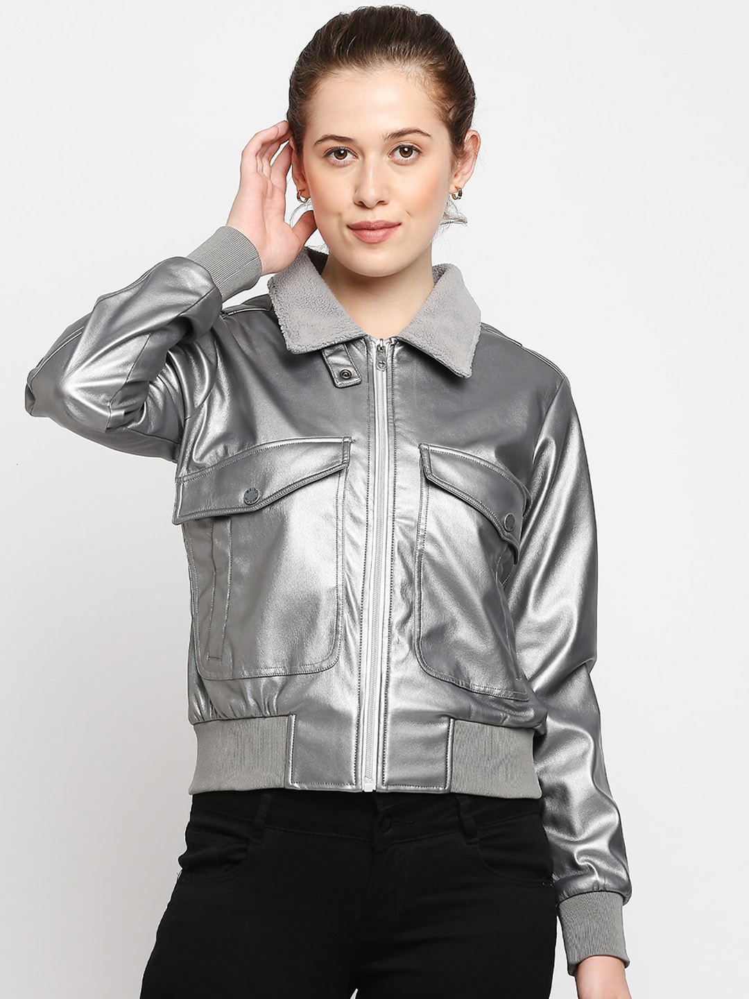 

Being Human Women Silver-Toned Colourblocked Crop Biker Jacket with Patchwork