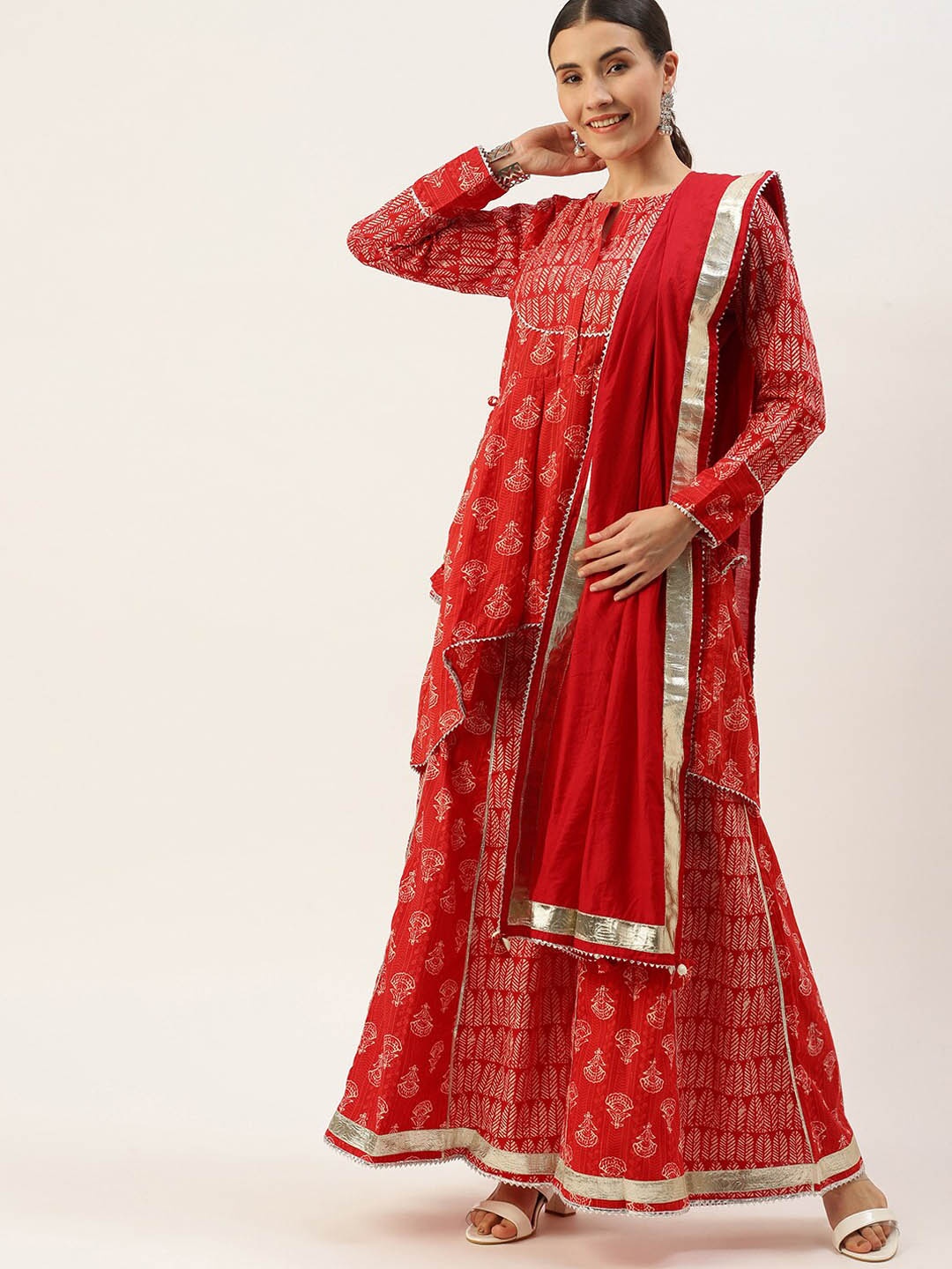 

KALINI Floral Printed A-Line Pure Cotton Kurta with Skirt & Dupatta, Red